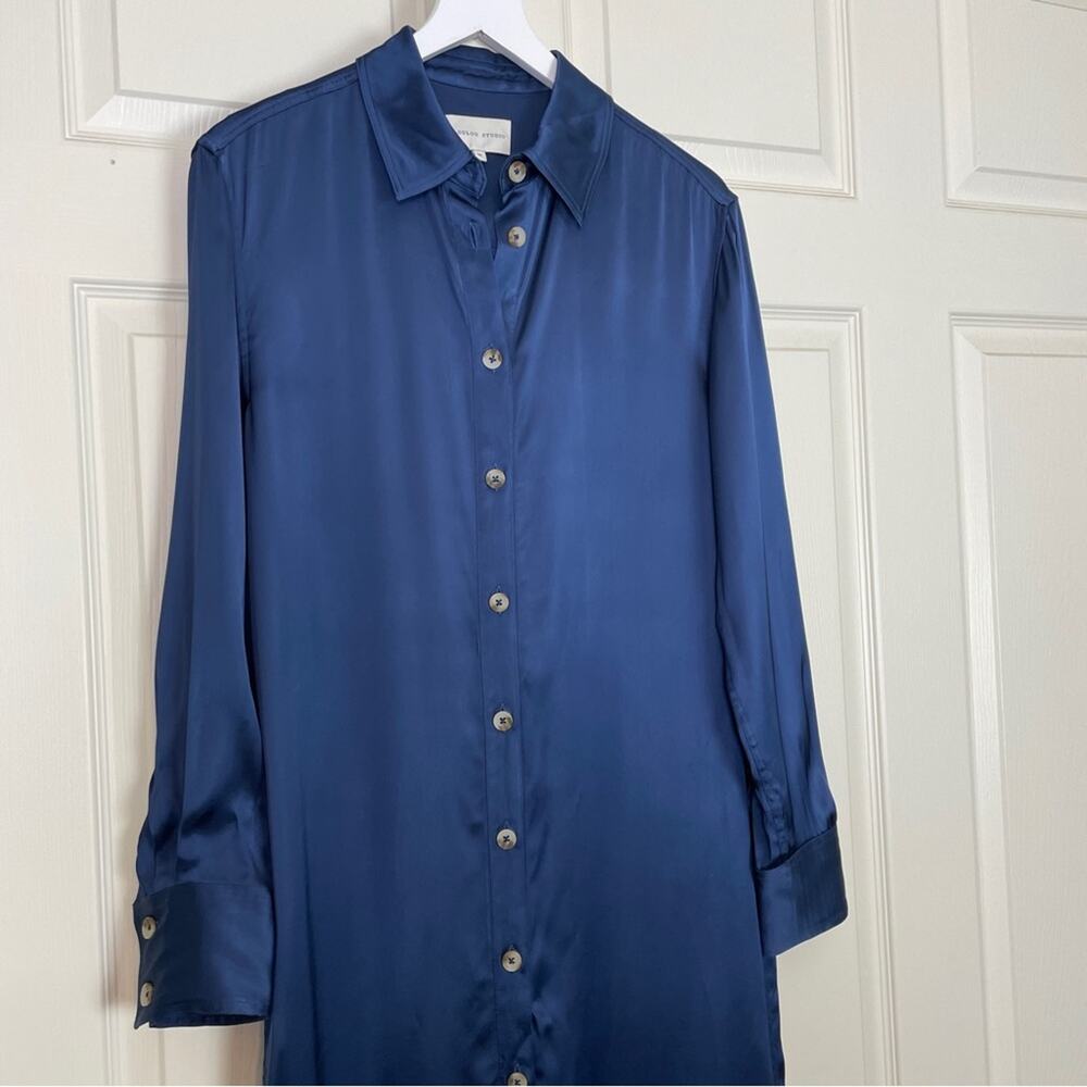 LouLou Studio Ara Satin Shirt Dress Navy Maxi Minimalist Sz M - Picture 4 of 11